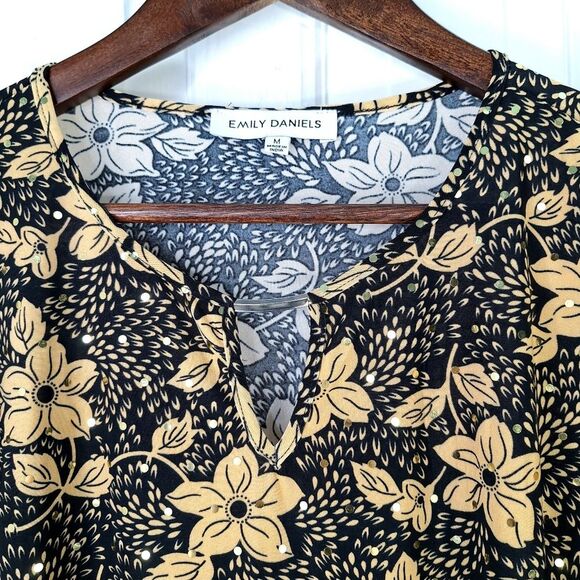 Emily Daniels Orange Black Floral Sequined Blouse Top Sz M - Picture 2 of 10